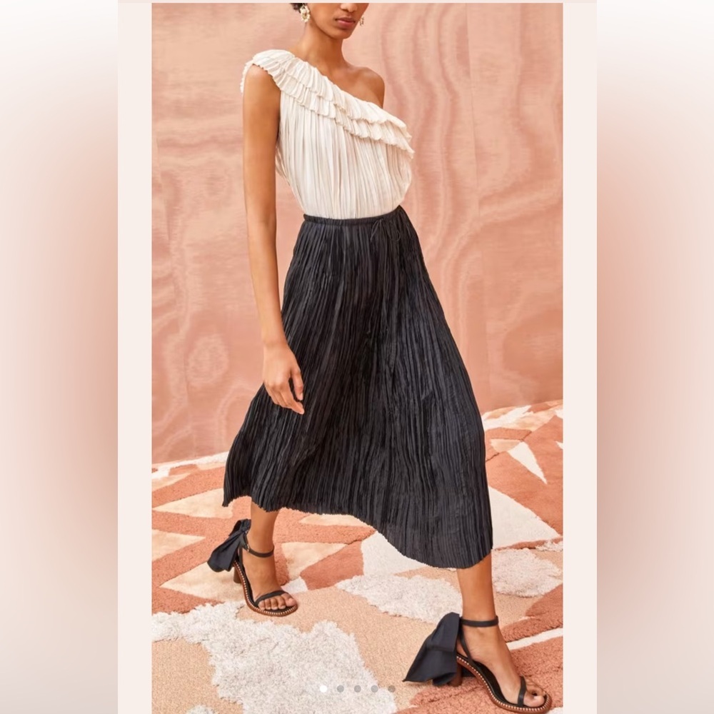 Ulla Johnson Dioni Skirt Noir Black Pleated Crinkle Plisse Satin Midi Size 8 NEW